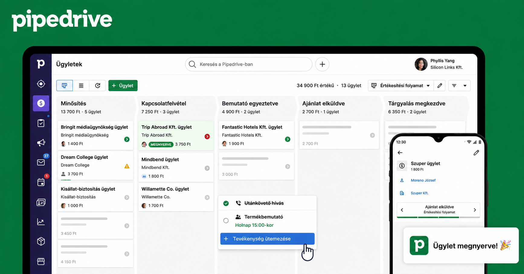 Pipedrive mobil CRM tevékenységek ügyletek és érdeklődők