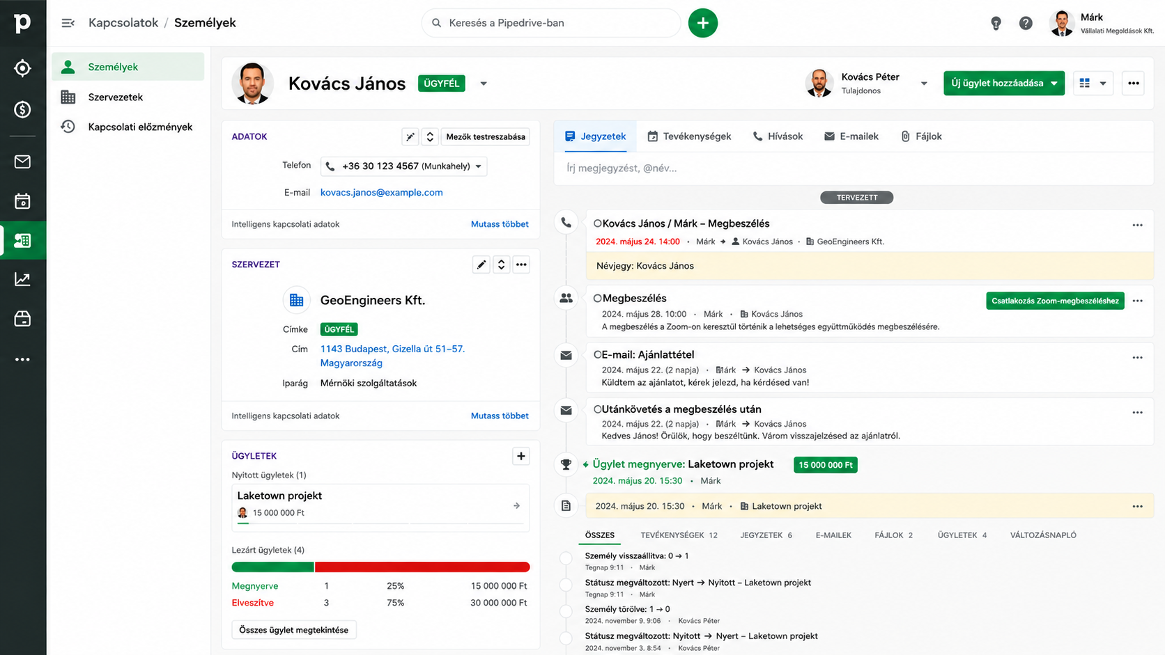 CRM ügyfél adatlap magyar kezelőfelülettel